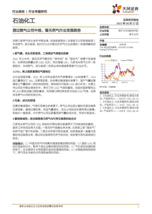 石油化工行业专题研究:透过燃气公司中报,看天然气行业发展趋势