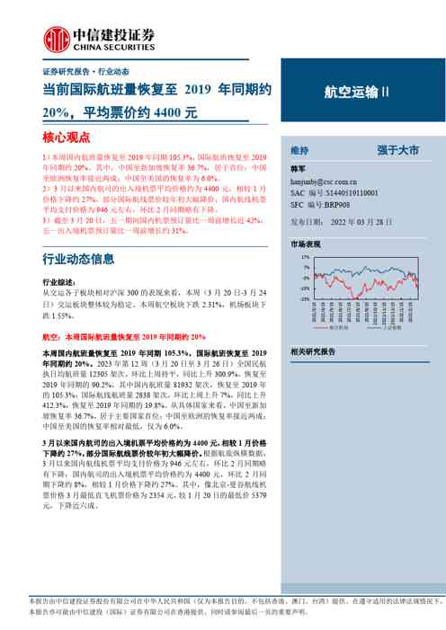 航空运输行业证券研究报告:当前国际航班量恢复至2019年同期约20%,平均票价约4400元