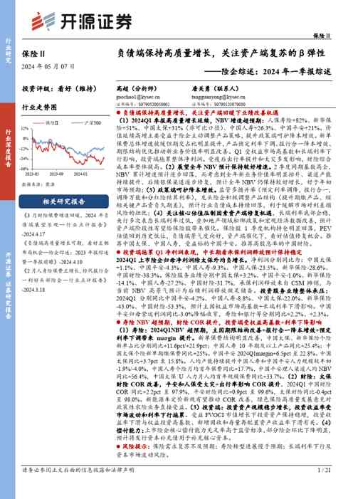 险企综述:2024年一季报综述:负债端保持高质量增长,关注资产端复苏的β弹性