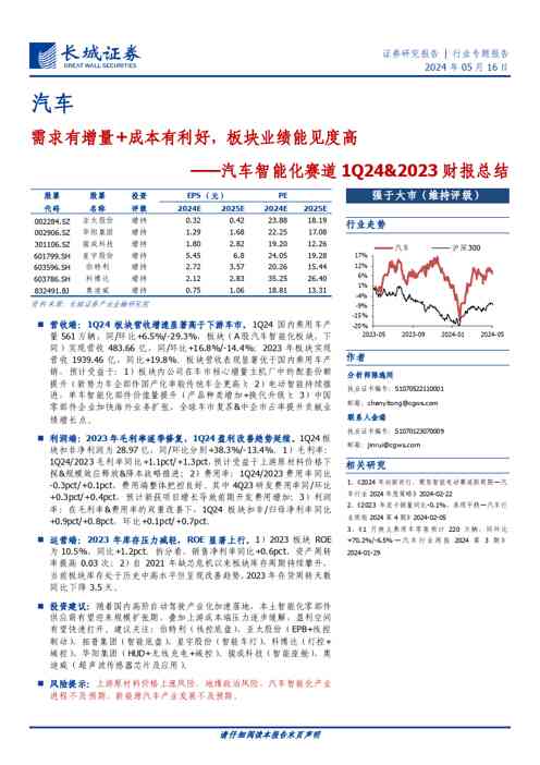 汽车行业智能化赛道1Q24u00262023财报总结：需求有增量+成本有利好，板块业绩能见度高