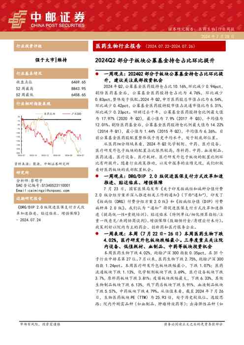 医药生物行业报告:2024Q2部分子板块公募基金持仓占比环比提升