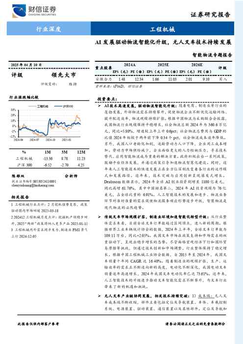 工程机械:智能物流专题报告-AI发展驱动物流智能化升级,无人叉车技术持续发展