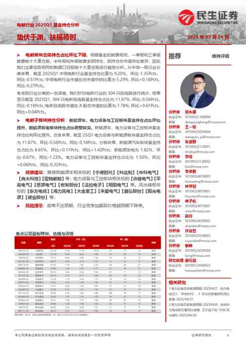 电新行业2025Q1基金持仓分析：蛰伏于渊，扶摇待时