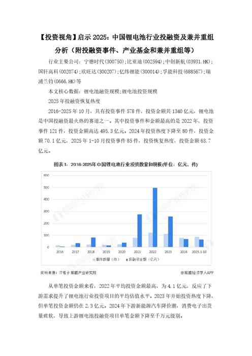 【投资视角】启示2025：中国锂电池行业投融资及兼并重组分析（附投融资事件、产业基金和兼并重组等）