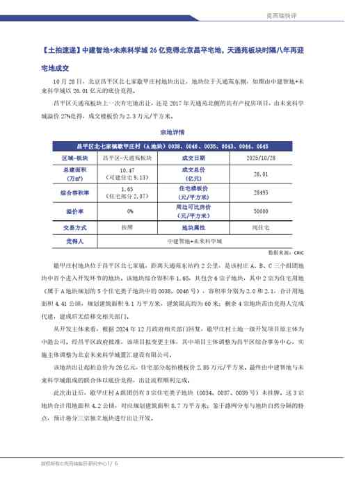 【土拍速递】中建智地+未来科学城26亿竞得北京昌平宅地,天通苑板块时隔八年再迎宅地成交
