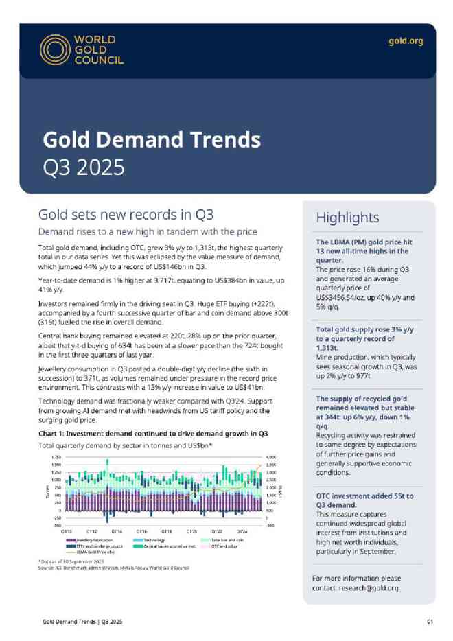 世界黄金协会：2025年第三季度全球黄金需求趋势报告